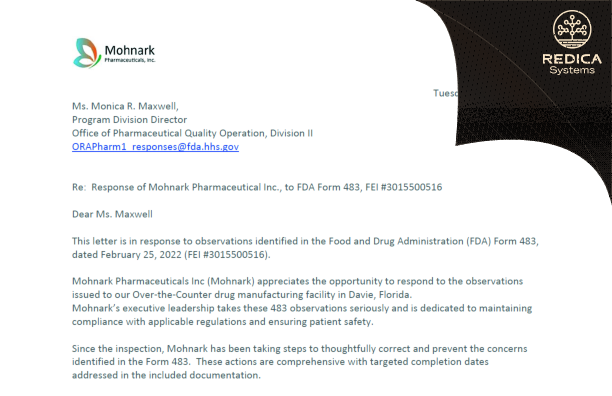 FDA 483 Response - MOHNARK PHARMACEUTICALS INC. [Florida / United States of America] - Download PDF - Redica Systems