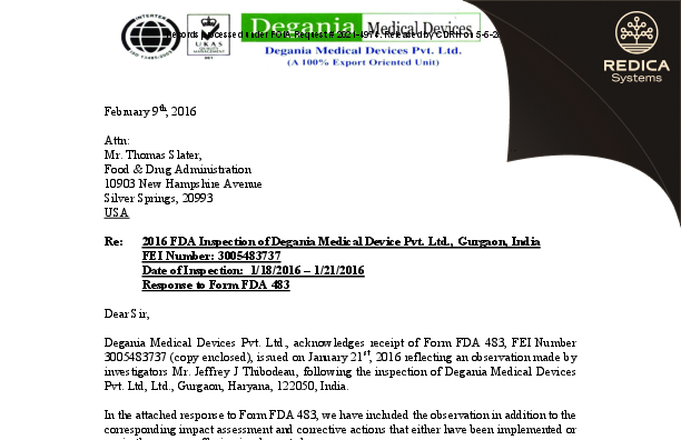 FDA 483 Response - Degania Medical Devices Pvt. Ltd. [Gurgaon / India] - Download PDF - Redica Systems