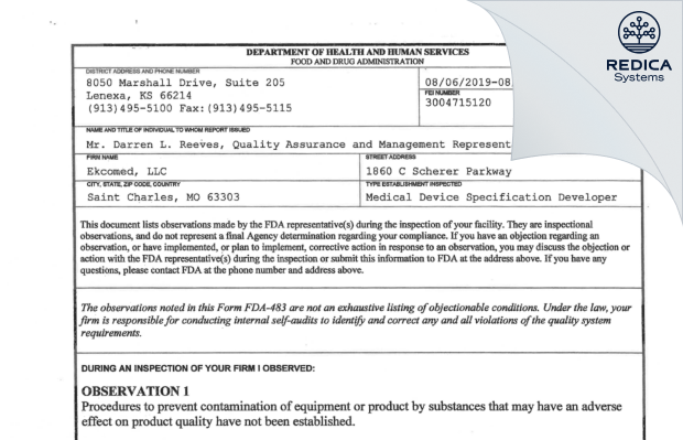 FDA 483 - Ekcomed LLC [Saint Charles / United States of America] - Download PDF - Redica Systems
