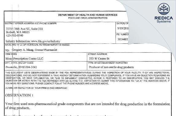FDA 483 - Maag Prescription Center LLC [Pocatello / United States of America] - Download PDF - Redica Systems