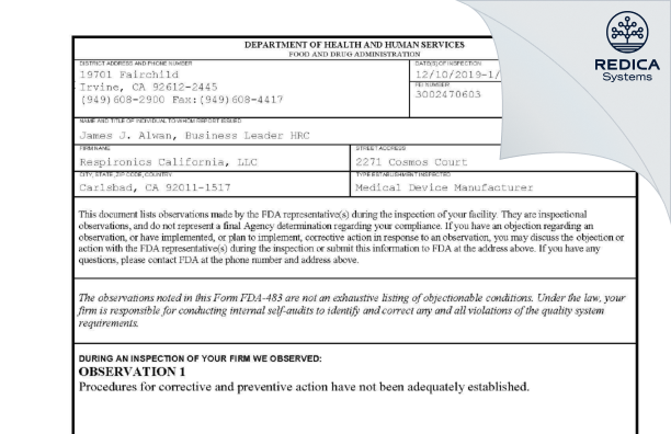 FDA 483 - Respironics California, LLC [Carlsbad / United States of America] - Download PDF - Redica Systems