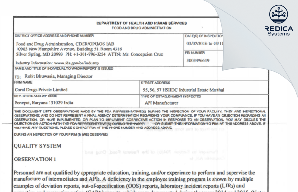 FDA 483 - Coral Drugs Private Limited [India / India] - Download PDF - Redica Systems