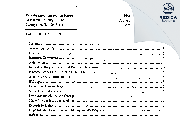 EIR - Greenbaum, Michael S., M.D. [Libertyville / United States of America] - Download PDF - Redica Systems
