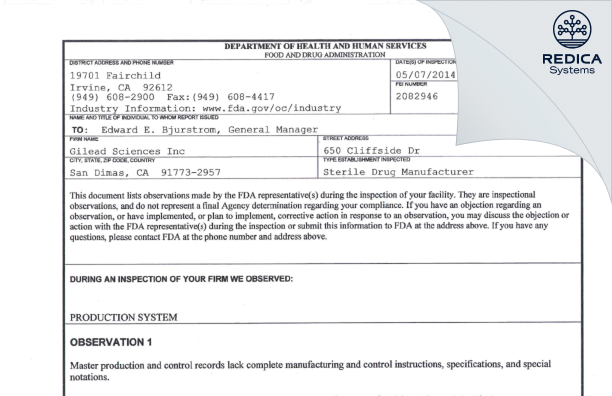 FDA 483 - Gilead Sciences, Inc. [San Dimas California / United States of America] - Download PDF - Redica Systems