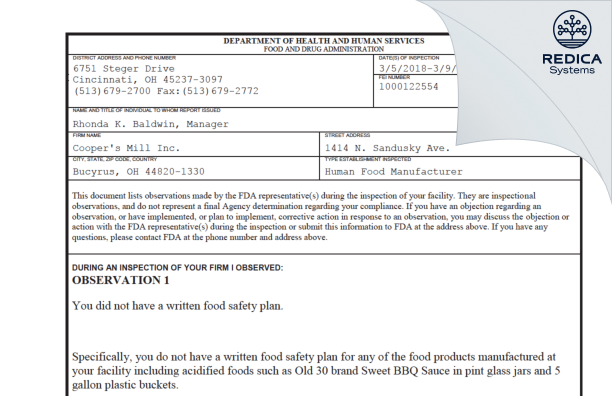 FDA 483 - Cooper's Mill Inc. [Bucyrus / United States of America] - Download PDF - Redica Systems