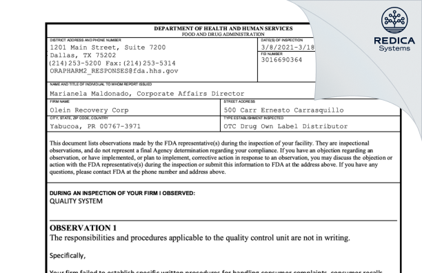 FDA 483 - Olein Recovery Corp [Yabucoa / United States of America] - Download PDF - Redica Systems