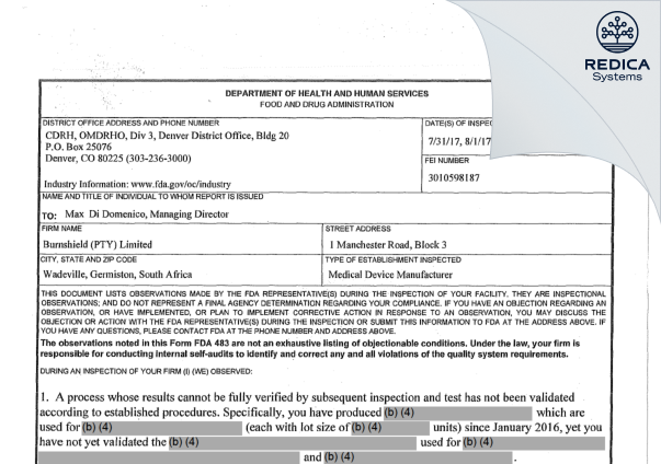FDA 483 - Burnshield Pty Ltd [Germiston / South Africa] - Download PDF - Redica Systems