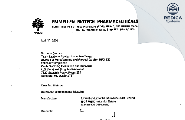 FDA 483 Response - Embio Limited [Maharashtra / India] - Download PDF - Redica Systems