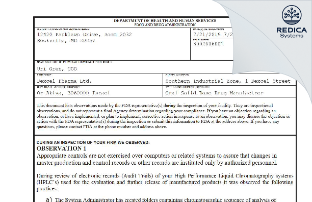 FDA 483 - Dexcel Ltd. [Or Akiva 3060000 Israel / Israel] - Download PDF - Redica Systems