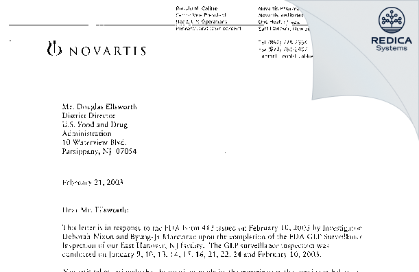 FDA 483 Response - Novartis Pharmaceuticals Corporation [Jersey / United States of America] - Download PDF - Redica Systems