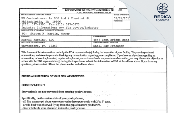 FDA 483 - MarMEC Farming, LLC [Waynesboro / United States of America] - Download PDF - Redica Systems