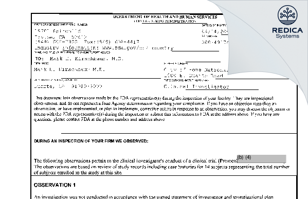 FDA 483 - Kirschbaum, M.D., Mark [Duarte / United States of America] - Download PDF - Redica Systems