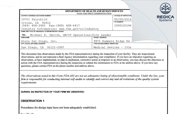 FDA 483 - Alere San Diego, Inc. [San Diego / United States of America] - Download PDF - Redica Systems