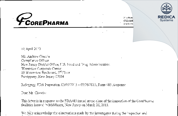 FDA 483 Response - CorePharma, LLC [Middlesex / United States of America] - Download PDF - Redica Systems