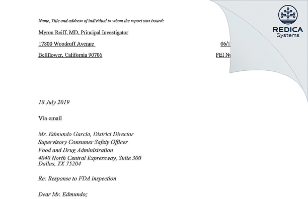 FDA 483 Response - Myron Reiff, M.D. [Bellflower / United States of America] - Download PDF - Redica Systems