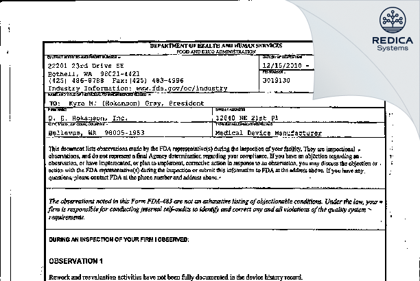 FDA 483 - D E Hokanson Inc [Bellevue / United States of America] - Download PDF - Redica Systems