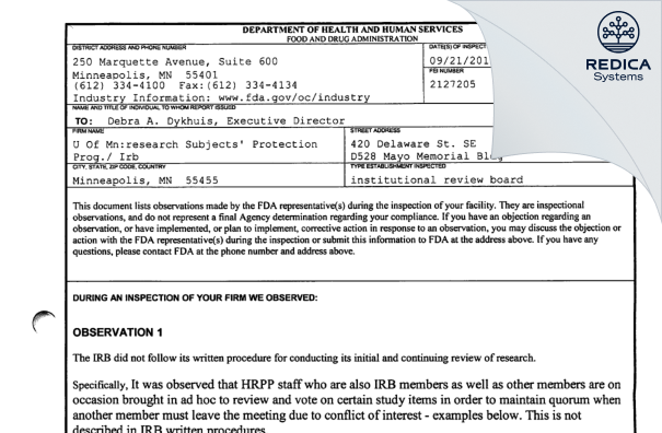 FDA 483 - U Of MN Research Subjects' Protection Program/ IRB [Minneapolis / United States of America] - Download PDF - Redica Systems