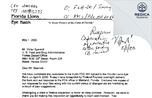 FDA 483 Response - Florida Lions Eye Bank, Inc. [Miami / United States of America] - Download PDF - Redica Systems