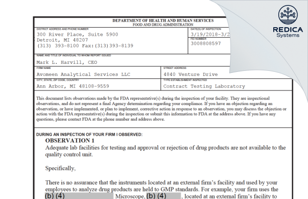 FDA 483 - Element Materials Technology Ann Arbor LLC [Ann Arbor / United States of America] - Download PDF - Redica Systems