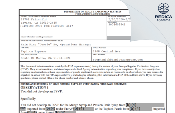 FDA 483 - Tapioca Express [South El Monte / United States of America] - Download PDF - Redica Systems