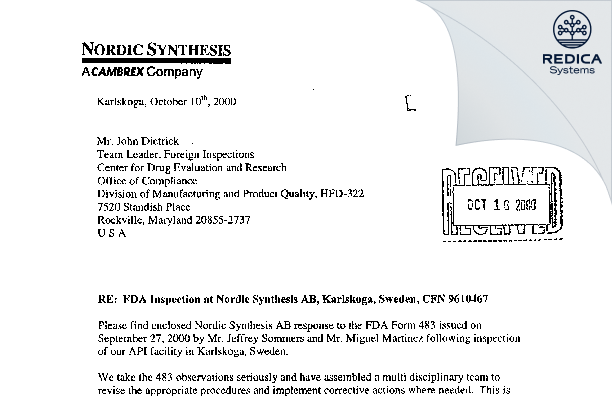 FDA 483 Response - Cambrex Karlskoga AB [Karlskoga / Sweden] - Download PDF - Redica Systems