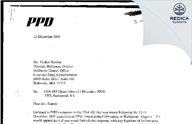 FDA 483 Response - PPD Development, L.P. [Virginia / United States of America] - Download PDF - Redica Systems
