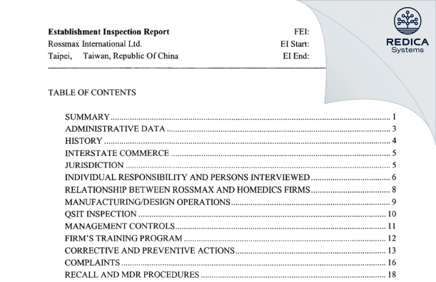 EIR - Rossmax International Ltd. [Taipei / Taiwan] - Download PDF - Redica Systems