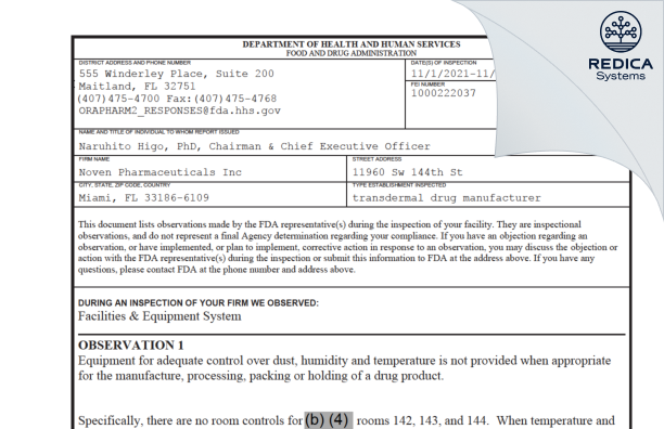 FDA 483 - Noven Pharmaceuticals, Inc. [Miami Florida / United States of America] - Download PDF - Redica Systems