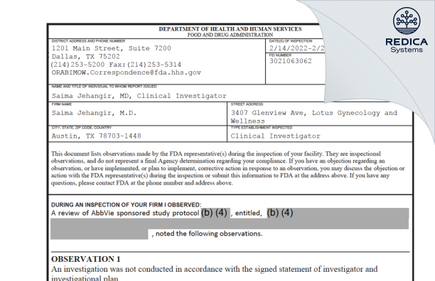FDA 483 - Saima Jehangir, M.D. [Austin / United States of America] - Download PDF - Redica Systems