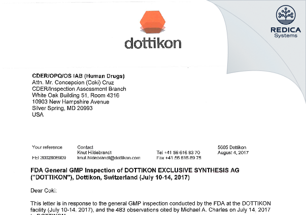 FDA 483 Response - DOTTIKON EXCLUSIVE SYNTHESIS AG [Dottikon / Switzerland] - Download PDF - Redica Systems