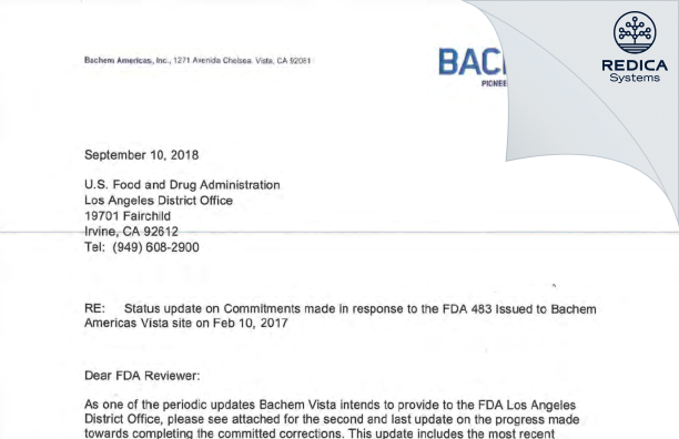 FDA 483 Response - Bachem Americas, Inc. [Vista / United States of America] - Download PDF - Redica Systems