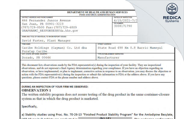 FDA 483 - Caribe Holdings (Cayman) Co. Ltd. dba PuraCap Caribe [Puerto Rico / United States of America] - Download PDF - Redica Systems
