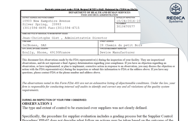 FDA 483 - In2Bones, SAS [Ecully / France] - Download PDF - Redica Systems