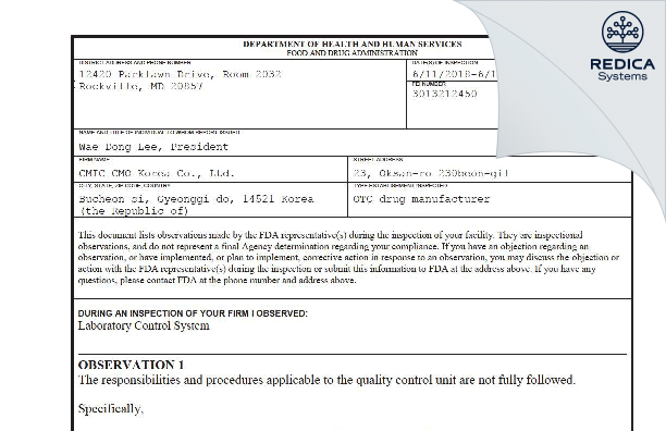 FDA 483 - CMIC CMO Korea Co., Ltd. [- / -] - Download PDF - Redica Systems