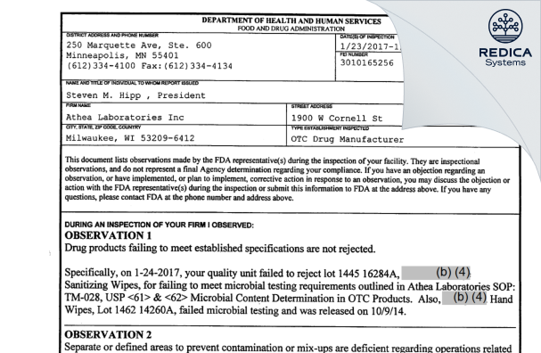 FDA 483 - Athea Laboratories Inc [Milwaukee / United States of America] - Download PDF - Redica Systems