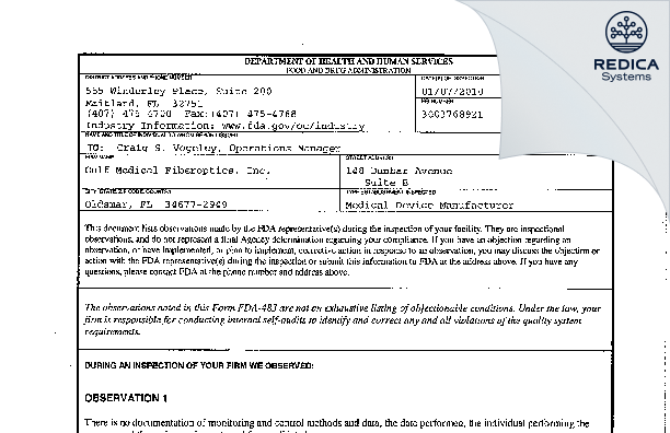 FDA 483 - Gulf Fiberoptics, Inc. [Oldsmar / United States of America] - Download PDF - Redica Systems