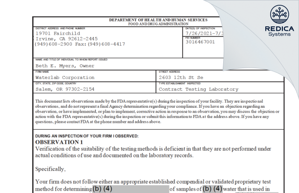 FDA 483 - Waterlab Corporation [Salem / United States of America] - Download PDF - Redica Systems