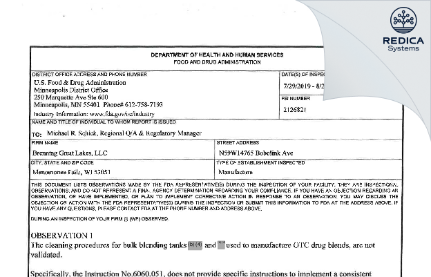 FDA 483 - Brenntag Great Lakes, LLC [Menomonee Falls / United States of America] - Download PDF - Redica Systems