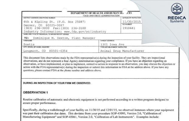 FDA 483 - Huvepharma, Inc [Longmont / United States of America] - Download PDF - Redica Systems