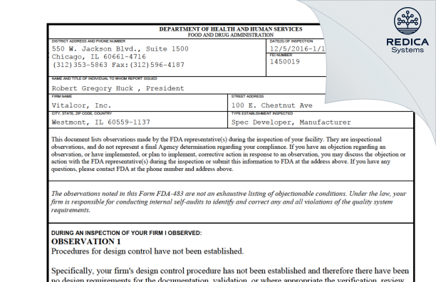 FDA 483 - Vitalcor, Inc. [Westmont / United States of America] - Download PDF - Redica Systems