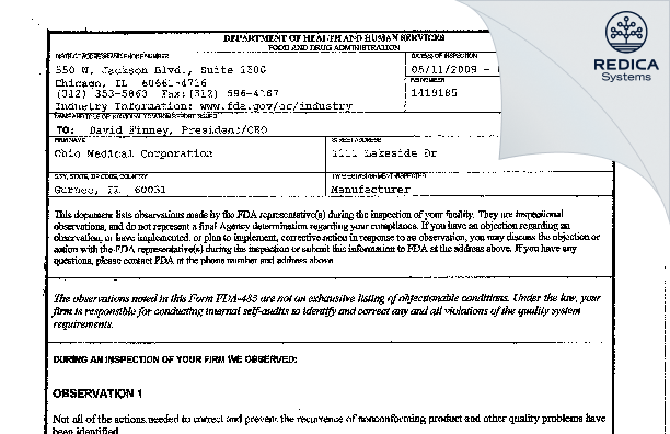 FDA 483 - Ohio Medical Corporation [Gurnee / United States of America] - Download PDF - Redica Systems
