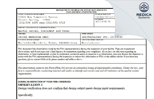 FDA 483 - Kessel Medintim Gmbh [Morfelden-Walldorf / Germany] - Download PDF - Redica Systems