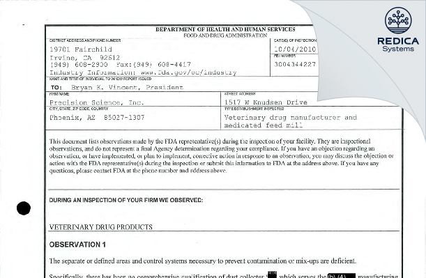 FDA 483 - Precision Science, Inc. [Phoenix Arizona / United States of America] - Download PDF - Redica Systems