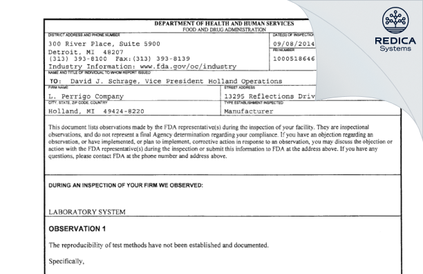 FDA 483 - L. Perrigo Company [Holland / United States of America] - Download PDF - Redica Systems