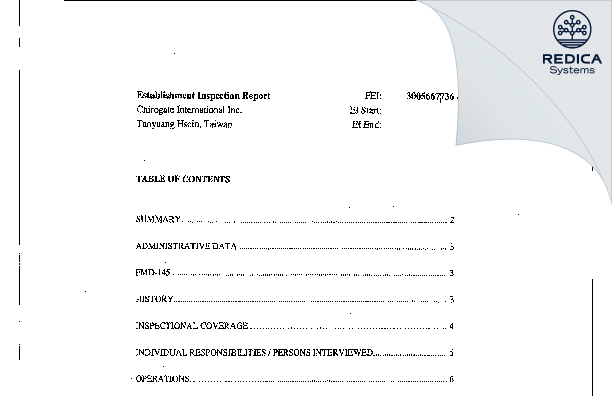 EIR - Chirogate International Inc. [Hsien / Taiwan] - Download PDF - Redica Systems