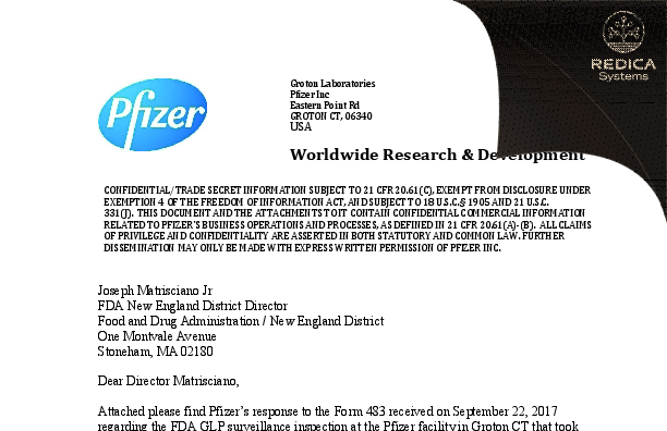 FDA 483 Response - Pfizer Inc. Groton Laboratories [Groton / United States of America] - Download PDF - Redica Systems