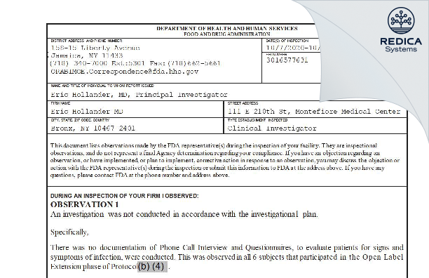 FDA 483 - Eric Hollander MD [Bronx / United States of America] - Download PDF - Redica Systems