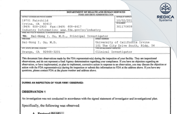 FDA 483 - Sai-Hong I. Ou, M.D. [Orange / United States of America] - Download PDF - Redica Systems