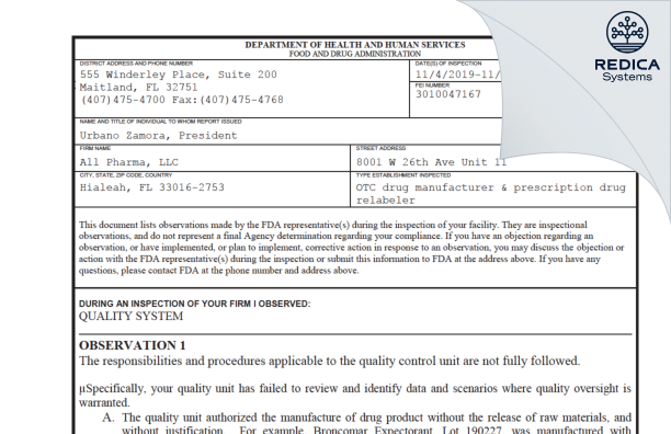 FDA 483 - All Pharma, LLC [Hialeah Florida / United States of America] - Download PDF - Redica Systems