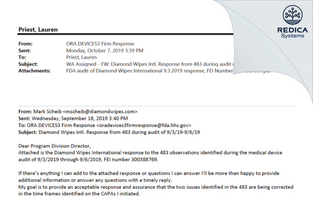 FDA 483 Response - Diamond Wipes International, Inc. [Chino / United States of America] - Download PDF - Redica Systems